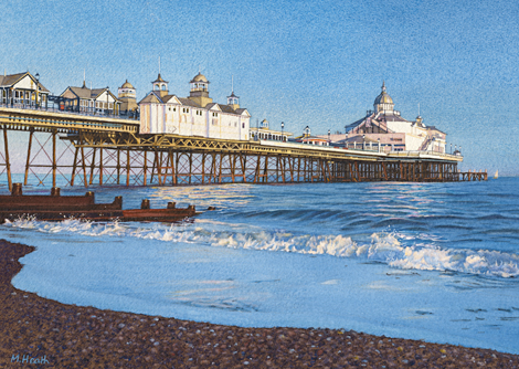 A painting of Eastbourne Pier in evening light by Margaret Heath.